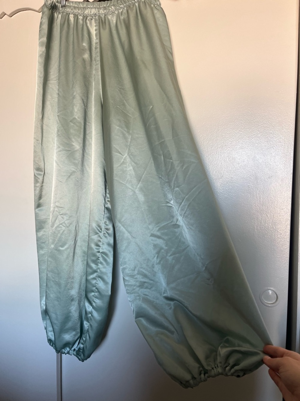 Renaissance Faire Satin Sage Green Elastic Puffy Hem Pants